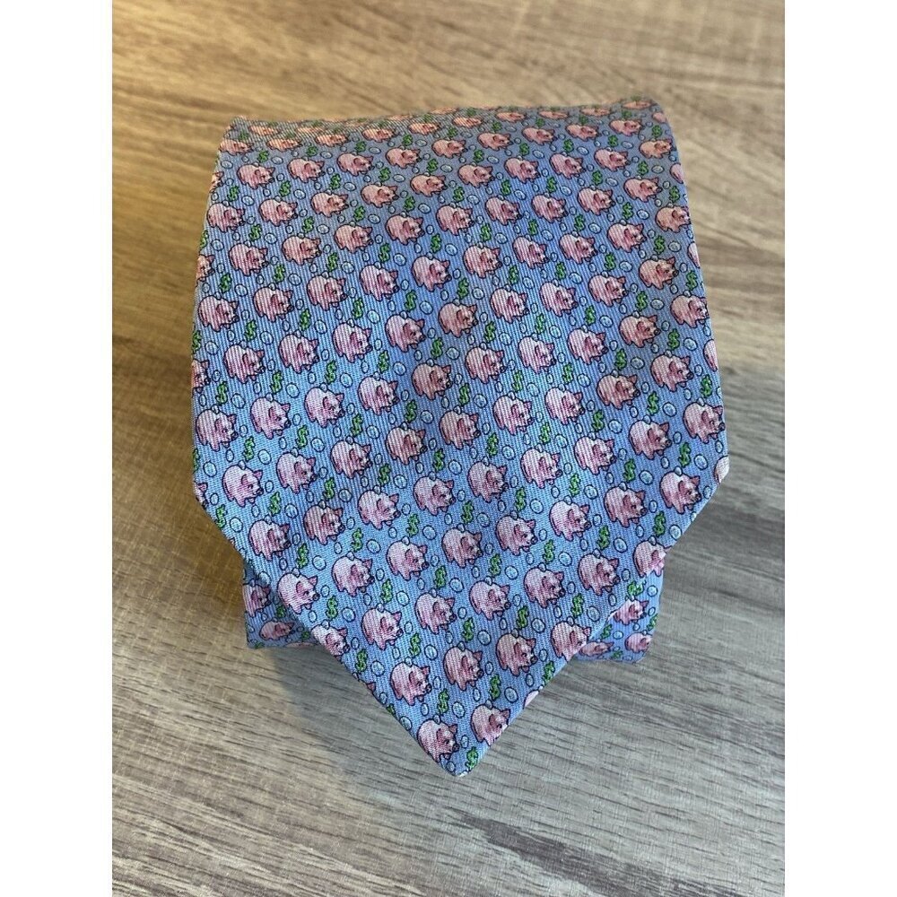 Vineyard Vines PIGGY BANK Blue Silk Pig Money Pastel Tie made in USA - Picture 5 of 7